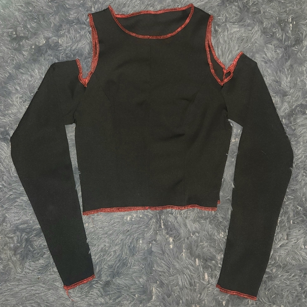 black off the shoulder grunge top with red stitching